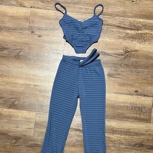 Blue Ribbed High-Waist Flare Pants Set
